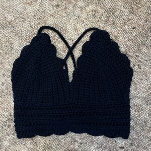 Navy Blue Beach Crochet Knit Crop with Scalloped Design and V Neck